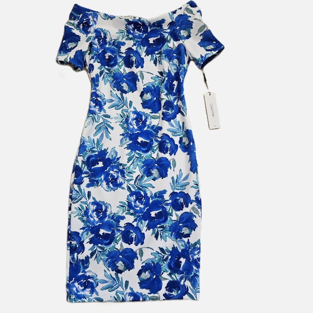 Calvin Klein Blue & White Floral Scuba Dress Off‑Shoulder Size 2 NWT